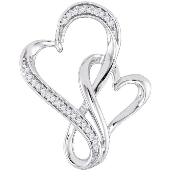 Sterling Silver  Round Diamond Double Linked Heart Pendant 1/10 Cttw