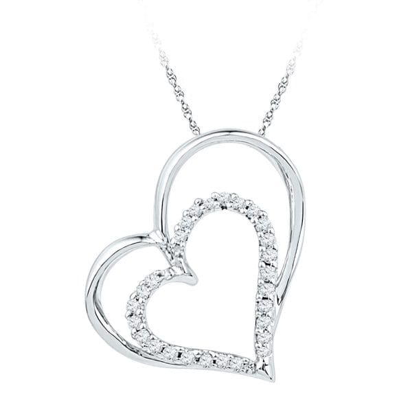 10kt White Gold  Round Diamond Double Heart Outline Pendant 1/8 Cttw