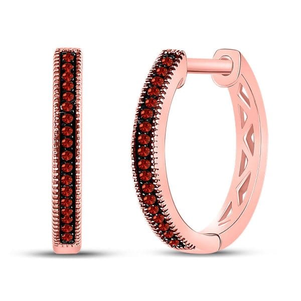 10kt Rose Gold  Round Red Color Enhanced Diamond Oblong Hoop Earrings 1/10 Cttw