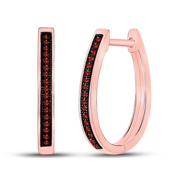 10kt Rose Gold  Round Red Color Enhanced Diamond Single Row Hoop Earrings 1/10 Cttw