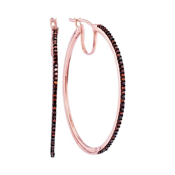10kt Rose Gold  Round Red Color Enhanced Diamond Slender Hoop Earrings 1/4 Cttw