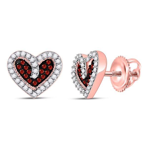 10kt Rose Gold  Round Red Color Enhanced Diamond Heart Stud Earrings 1/5 Cttw
