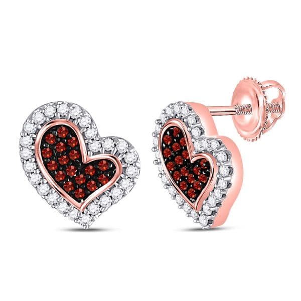 10kt Rose Gold  Round Red Color Enhanced Diamond Heart Stud Earrings 1/6 Cttw