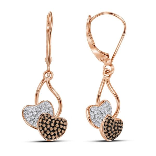 10kt Rose Gold  Round Red Color Enhanced Diamond Heart Dangle Earrings 1/3 Cttw
