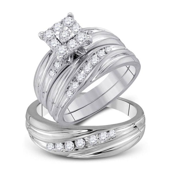 10kt White Gold His s Round Diamond Cluster Matching Wedding Set 3/4 Cttw