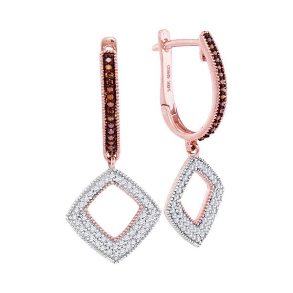 10kt Rose Gold  Round Red Color Enhanced Diamond Square Dangle Hoop Earrings 3/8 Cttw