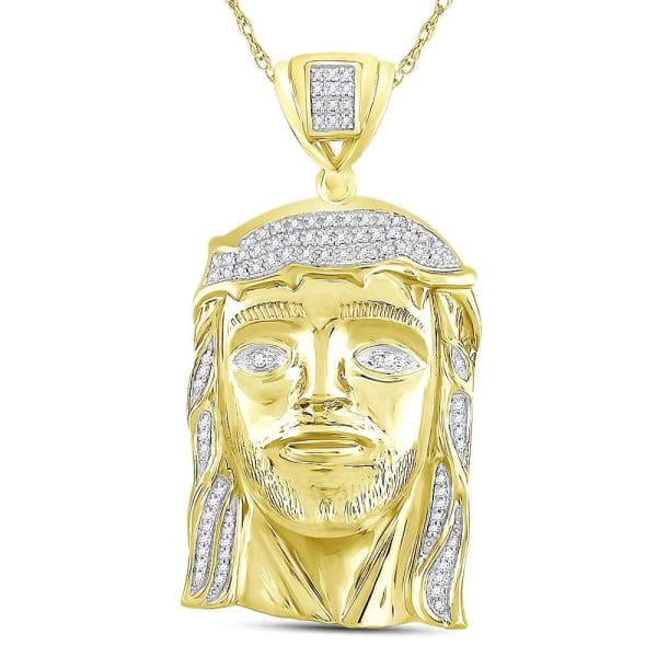 10kt Yellow Gold His Round Diamond Jesus Face Charm Pendant 3/8 Cttw
