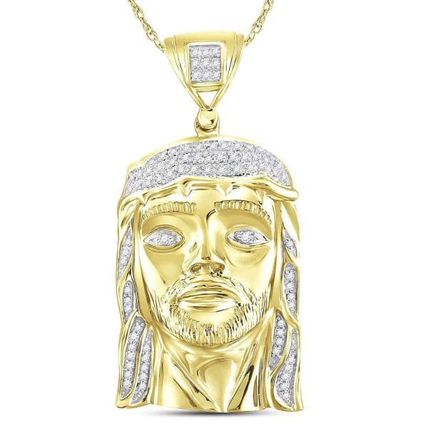 10kt Yellow Gold His Round Diamond Jesus Face Charm Pendant 1/4 Cttw