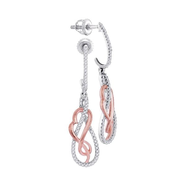 10kt White Gold  Round Diamond Rose-tone Heart Teardrop Dangle Earrings 1/3 Cttw
