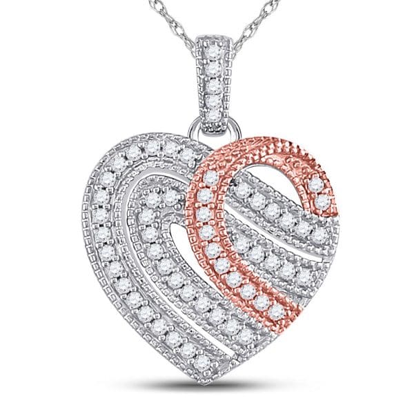 10kt Two-tone Gold  Round Diamond Heart Milgrain Stripe Pendant 1/5 Cttw