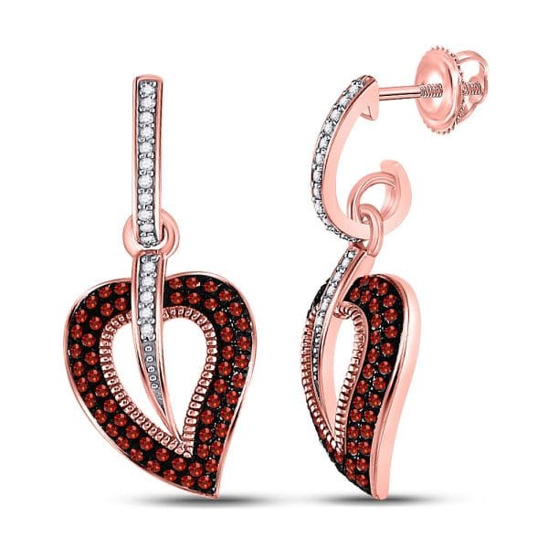 10kt Rose Gold  Round Red Color Enhanced Diamond Heart Dangle Earrings 3/8 Cttw