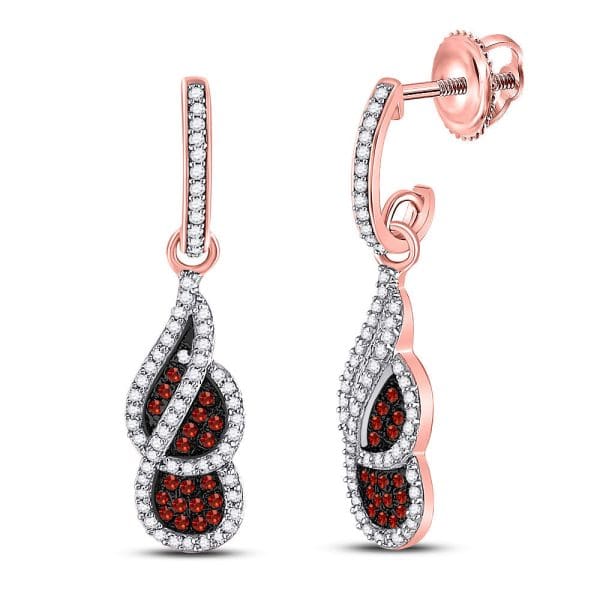 10kt Rose Gold  Round Red Color Enhanced Diamond Cluster Dangle Earrings 3/8 Cttw