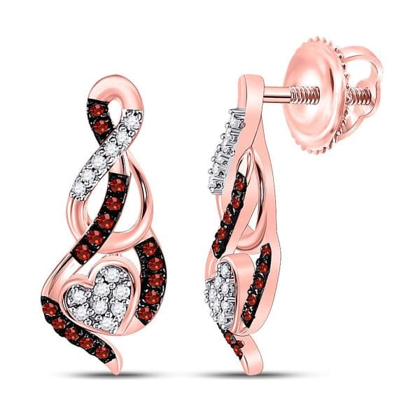 10kt Rose Gold  Round Red Color Enhanced Diamond Heart Earrings 1/6 Cttw