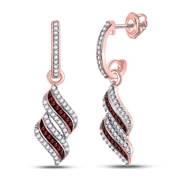 10kt Rose Gold  Round Red Color Enhanced Diamond Dangle Earrings 1/3 Cttw