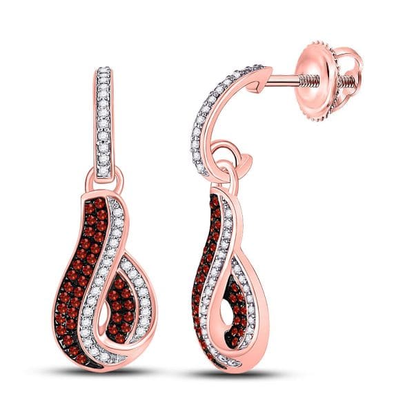 10kt Rose Gold  Round Red Color Enhanced Diamond Dangle Earrings 3/8 Cttw
