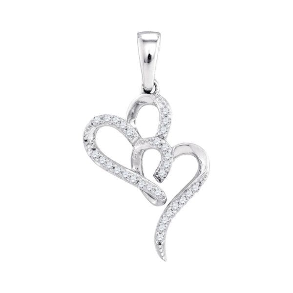 10kt White Gold  Round Diamond Double Heart Pendant 1/10 Cttw