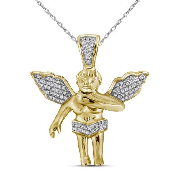 10k Yellow Gold His Diamond Polished 3D Guardian Angel Cub Charm Pendant 1/6 Cttw