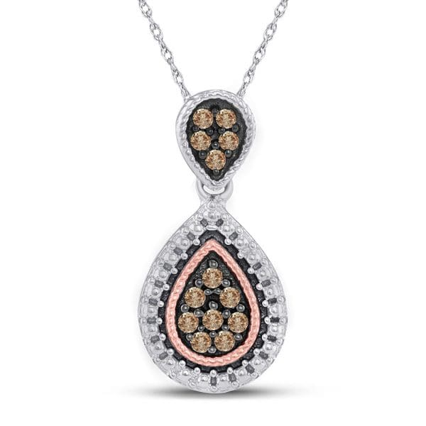 Sterling Silver  Round Brown Diamond Teardrop Cluster Pendant 1/6 Cttw